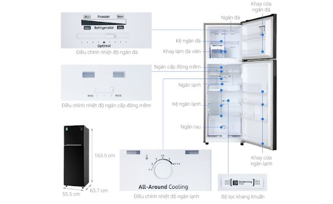 Kích thước của tủ lạnh 2 cánh Samsung Inverter 256 lít RT25M4032BU/SV